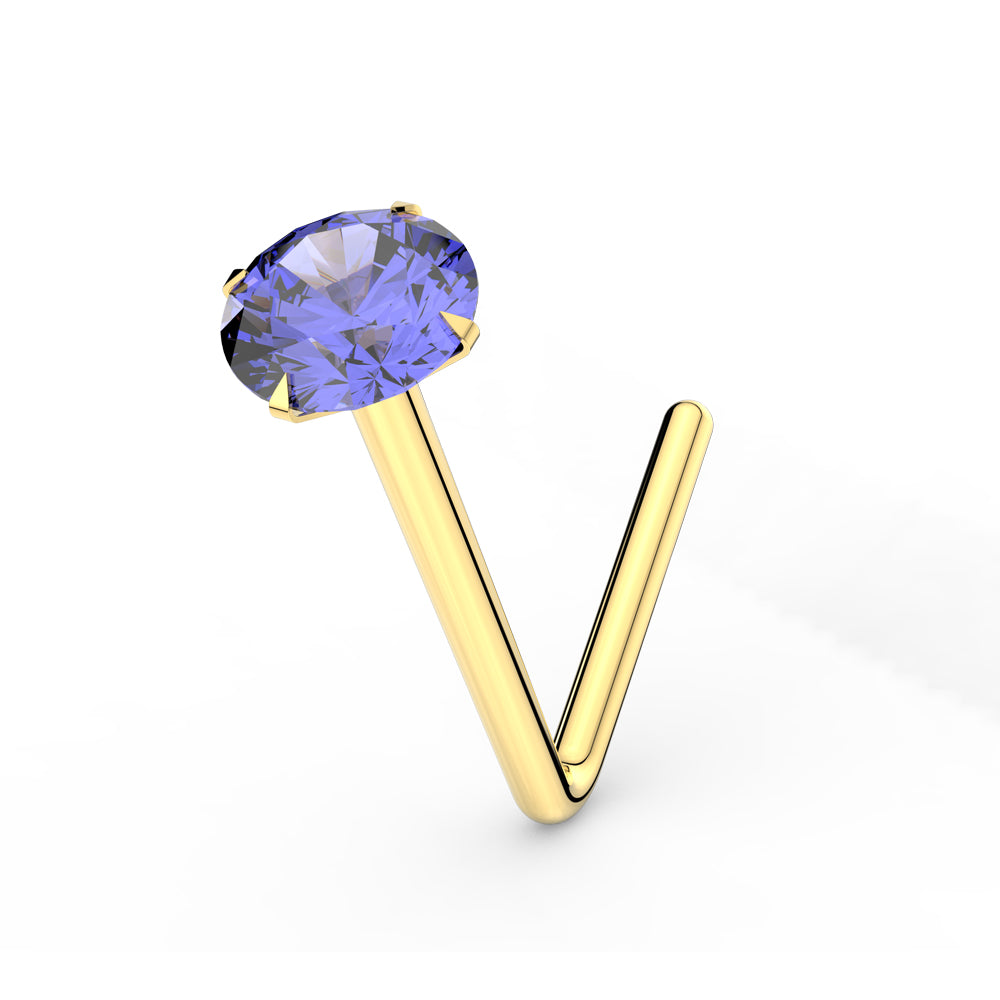 9K Soild Yellow Gold Tanzanite L-Shape Nose Stud