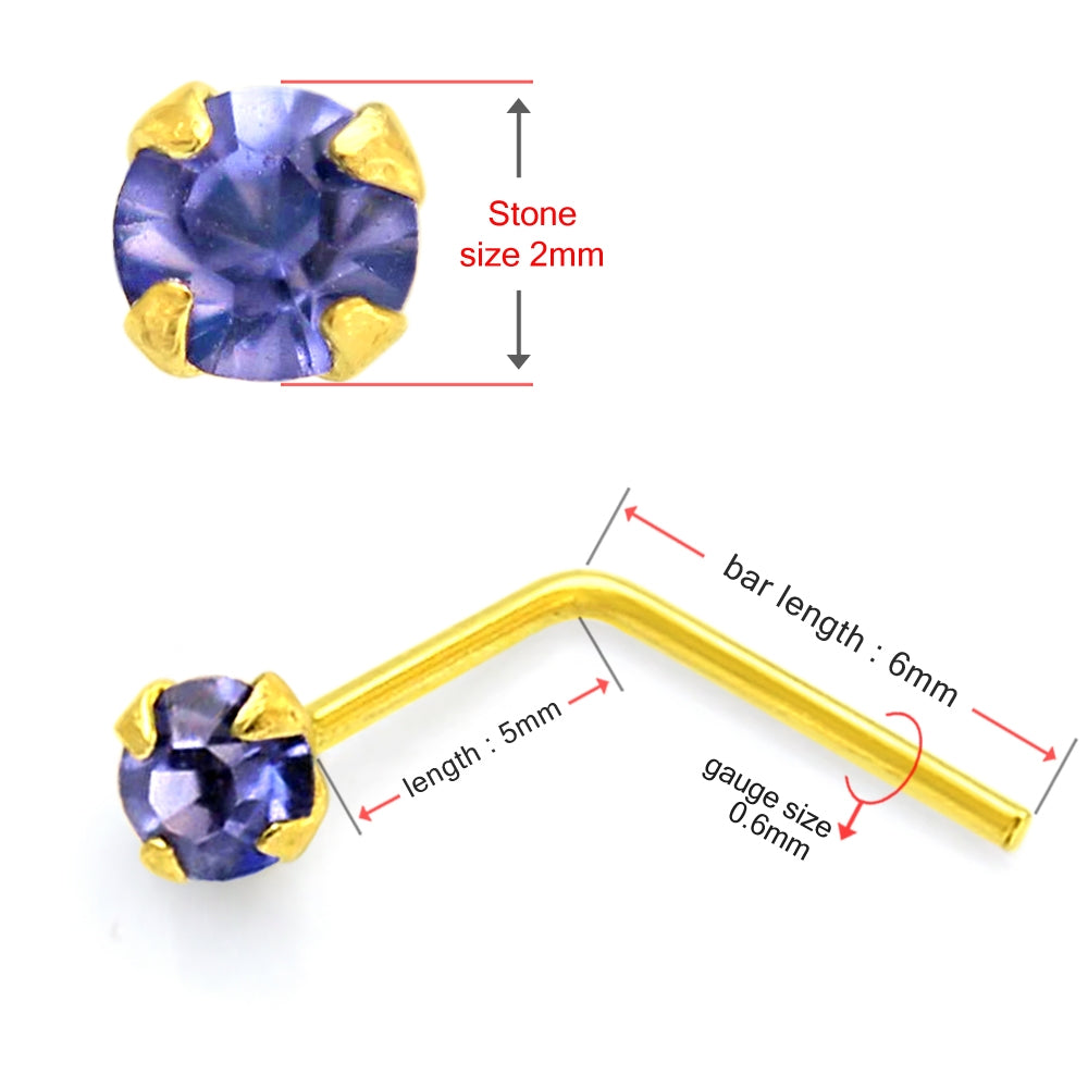 9K Soild Yellow Gold Tanzanite L-Shape Nose Stud