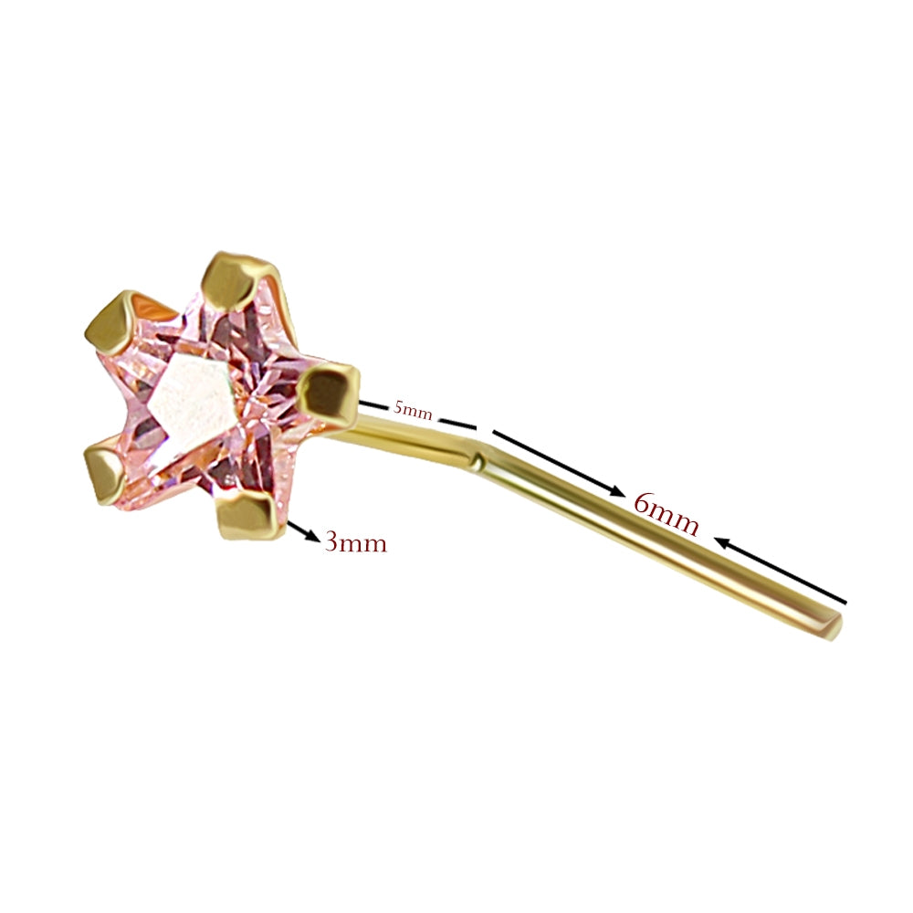 9K Soild Yellow Gold Pink Star CZ L-Shape Nose Stud