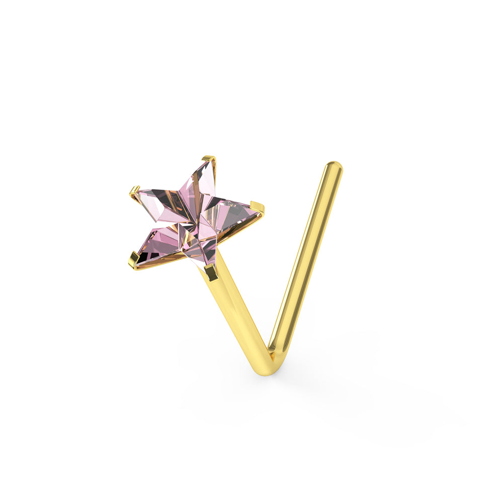 9K Soild Yellow Gold Pink Star CZ L-Shape Nose Stud