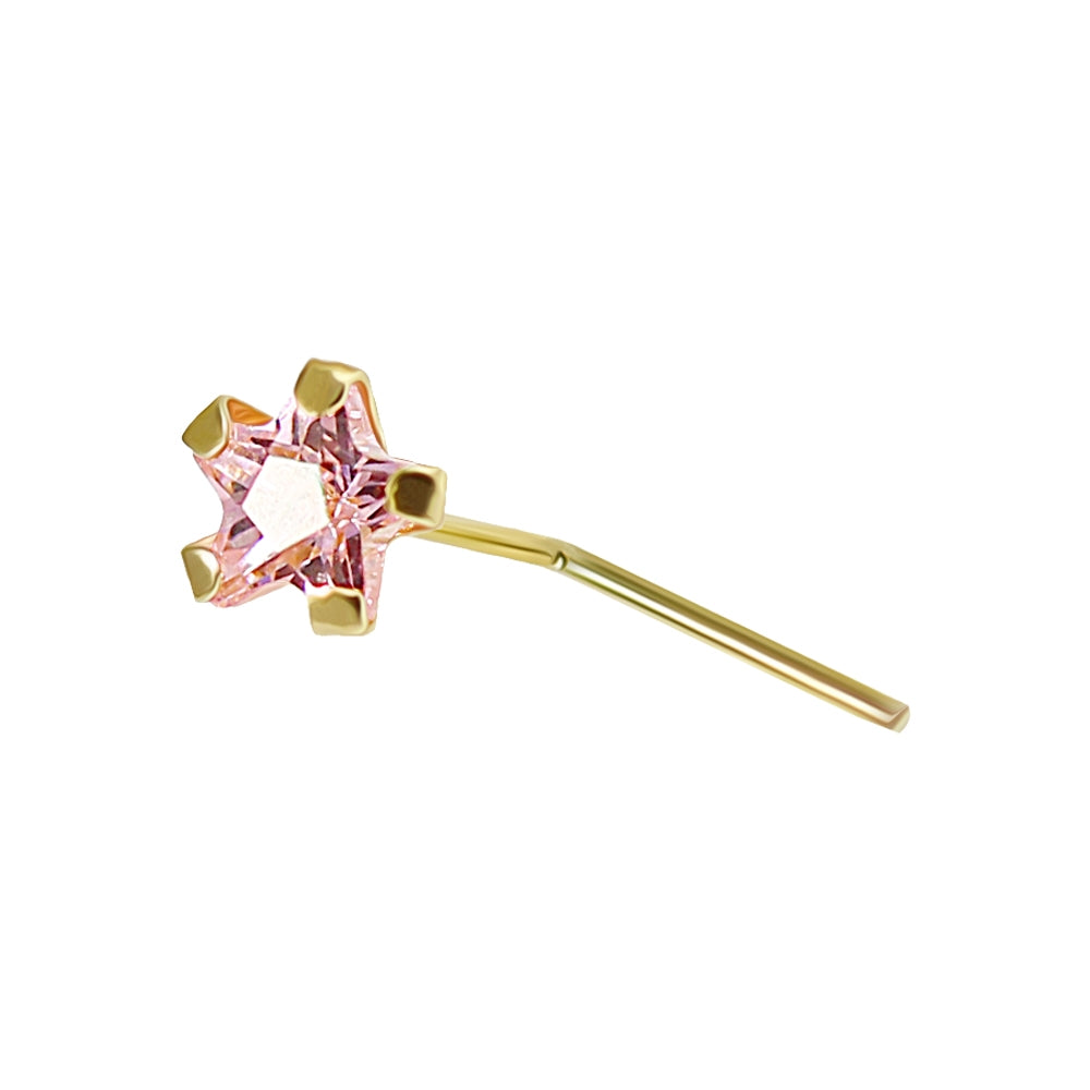 9K Soild Yellow Gold Pink Star CZ L-Shape Nose Stud