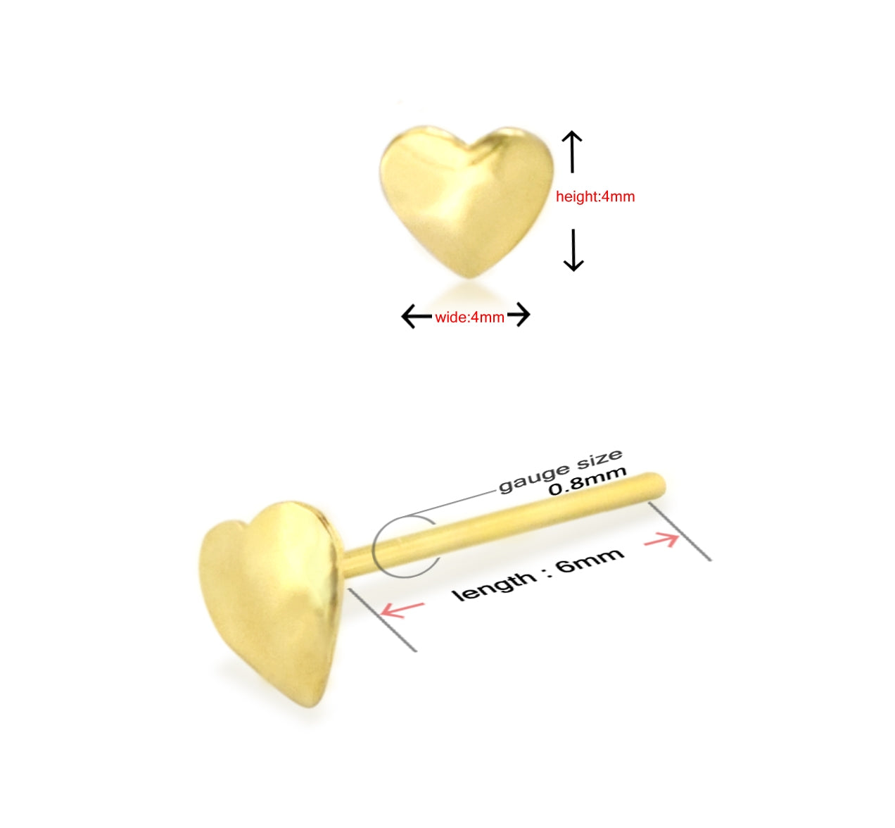 9K Gold Embossed Heart Straight Nose Stud