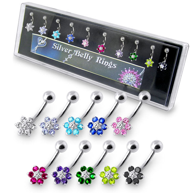 Jeweled Fancy Flowers 925 Sterling Silver Navel Ring with Surgical Steel Banana