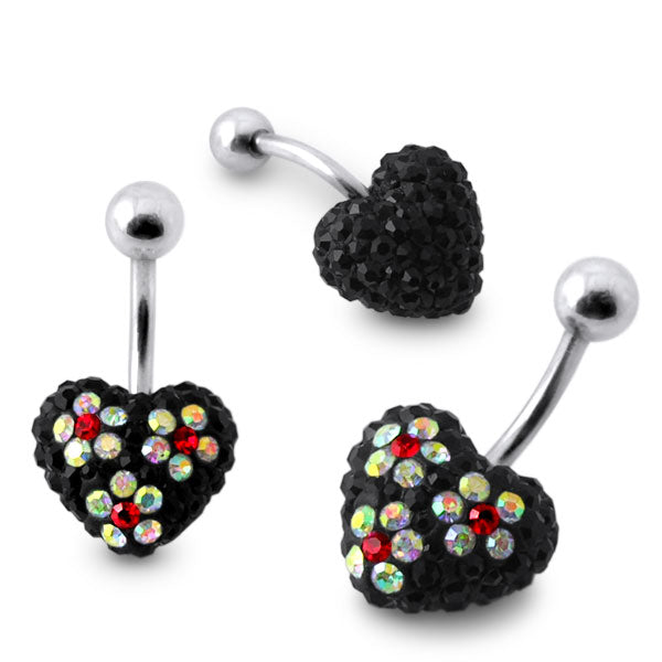 Black Crystal stone Heart With Mix Color Flower SS Banana Bar Belly Ring