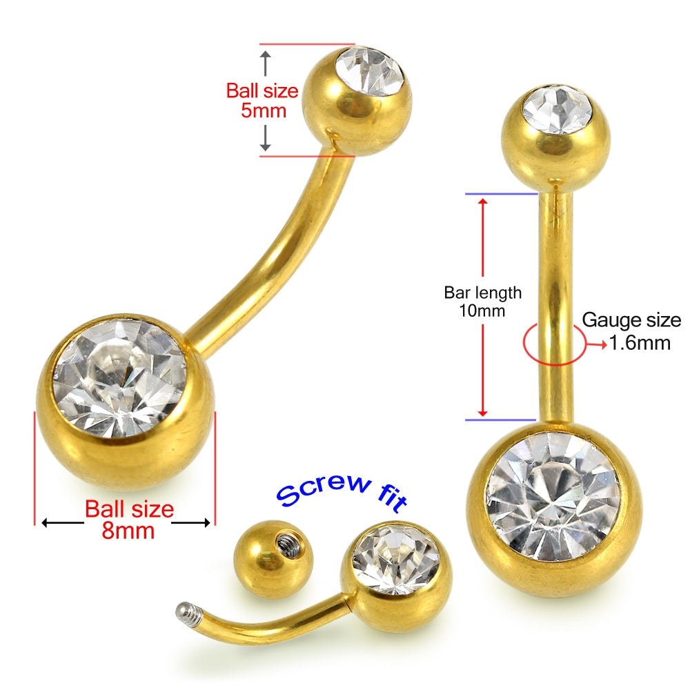 G23 Grade Gold Anodized Titanium Double Jeweled Belly Banana Ring