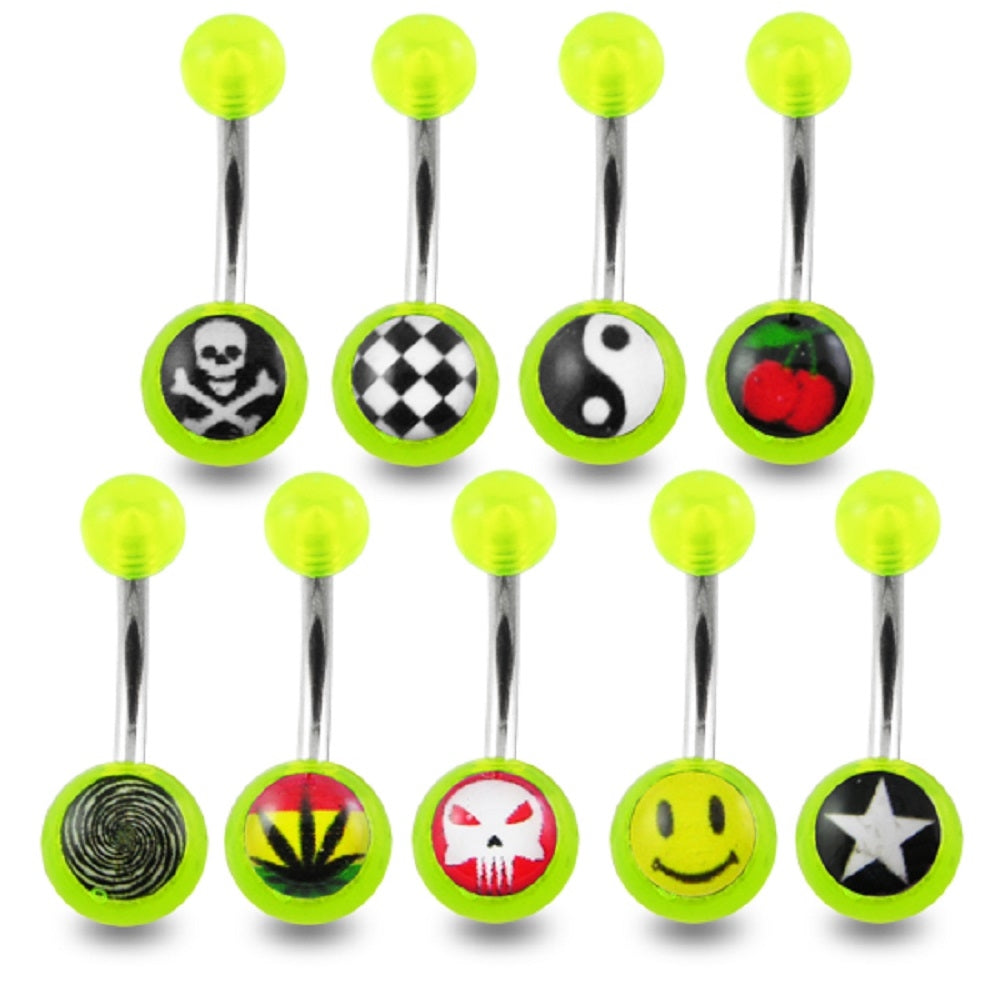SS Green Navel Banana Ring With UV Logo Balls