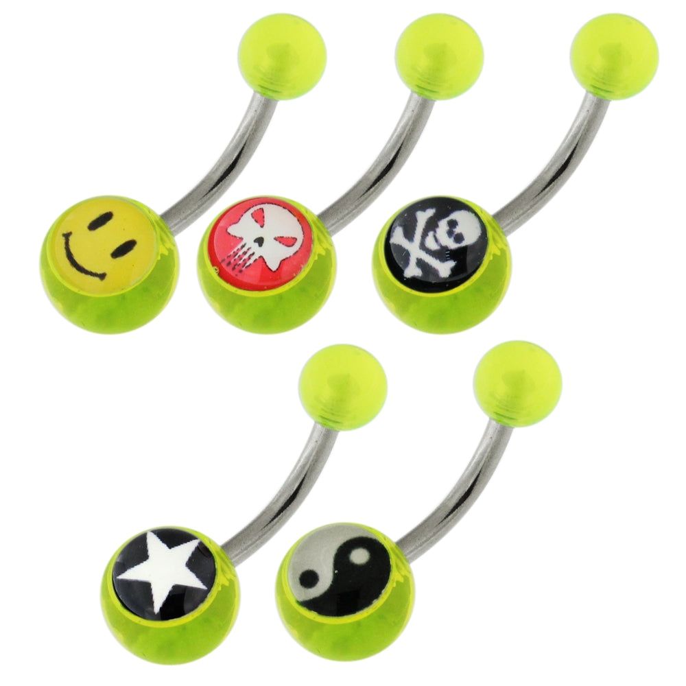 SS Green Navel Banana Ring With UV Logo Balls