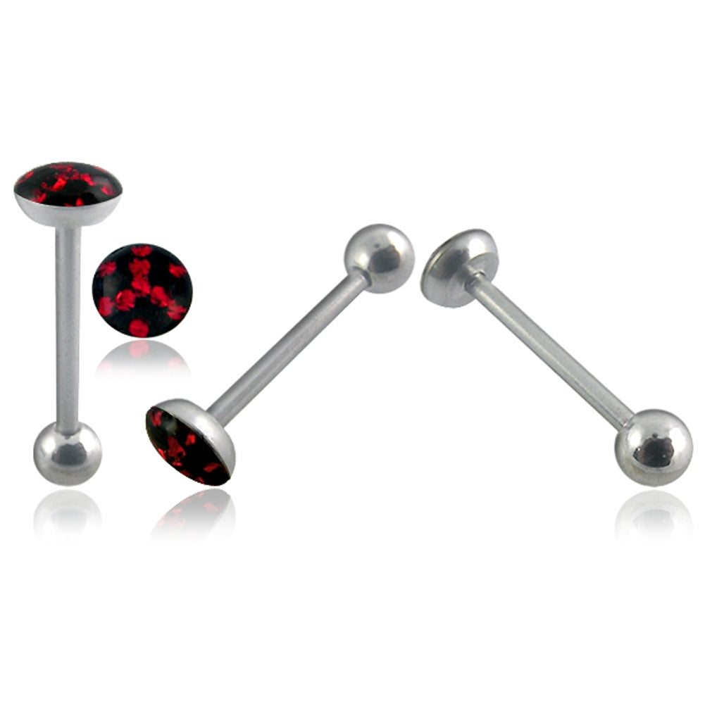 Tongue Barbell With Red And Black Epoxy Covered Crystals