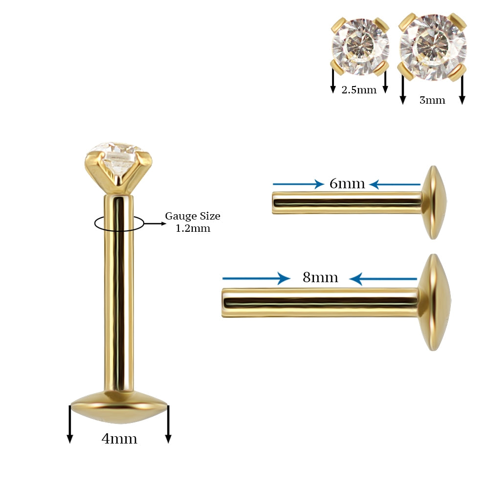 316L Surgical Steel Gold Anodized 3mm CZ Jeweled Top Labret Piercing