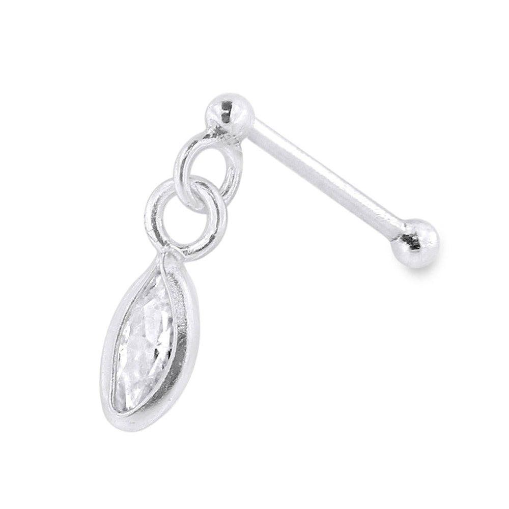 925 Sterling Silver Dangling Marquise Jeweled Nose Bone Stud in Box