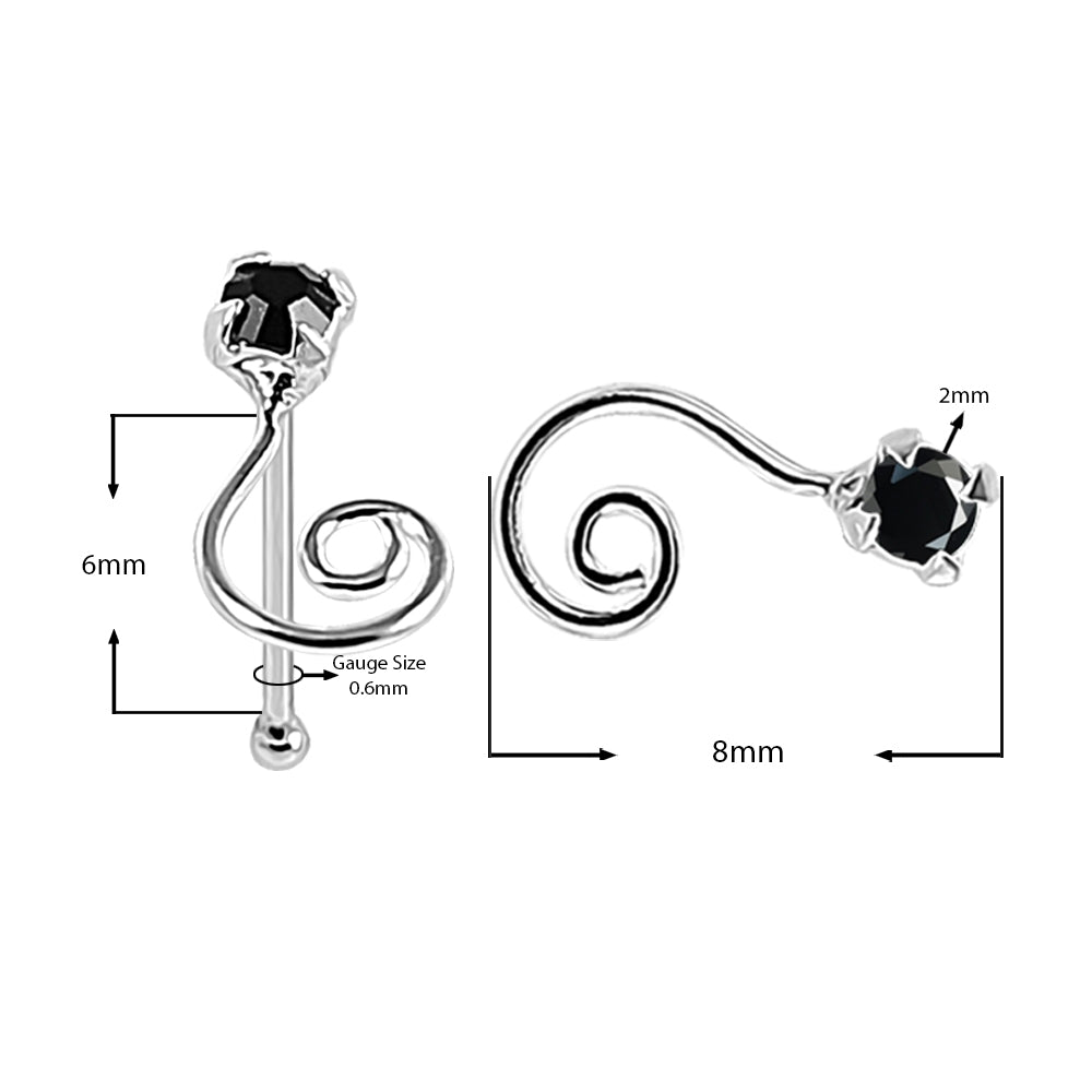925 Sterling Silver Jeweled Swirl Design Nose Bone Stud in Box