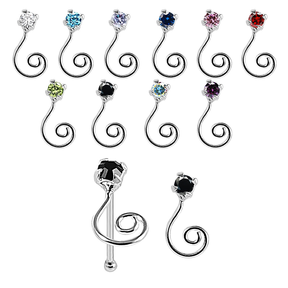 925 Sterling Silver Jeweled Swirl Design Nose Bone Stud in Box