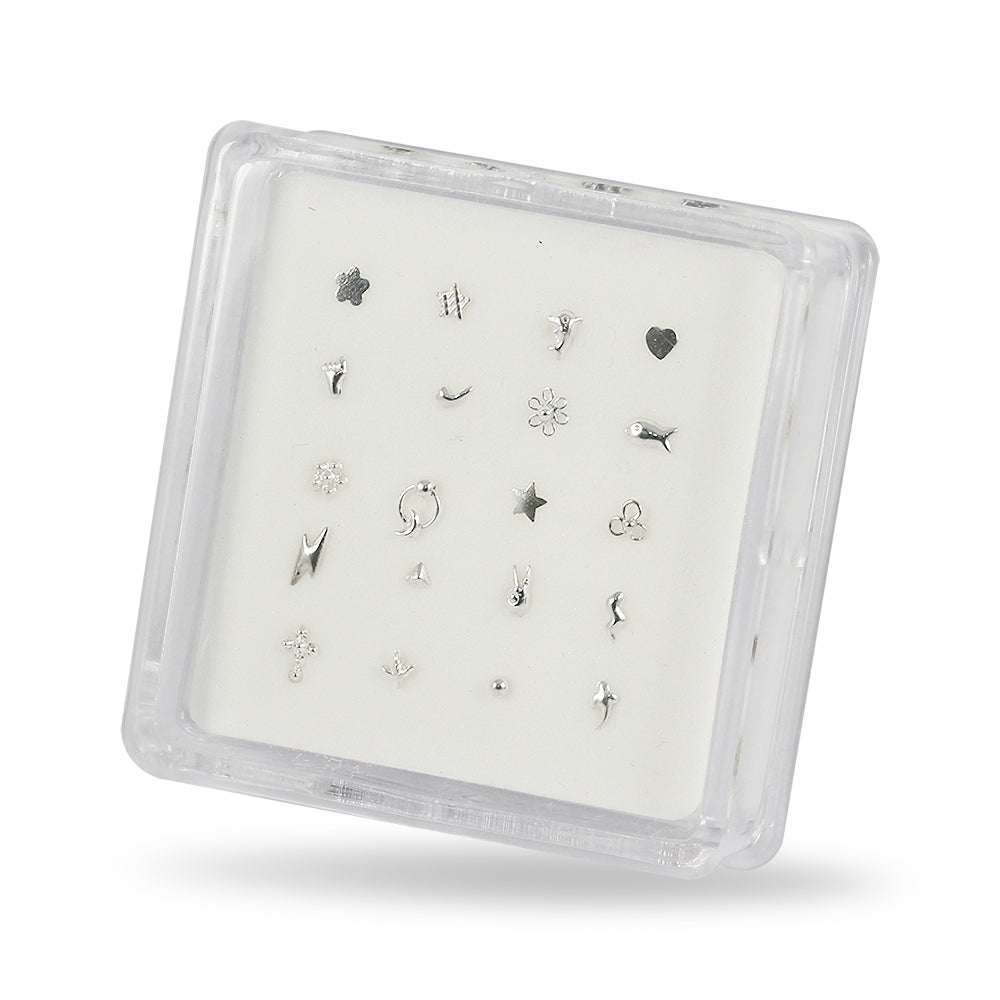 20 Mixed Designs 925 Sterling Silver Nose Studs in Box