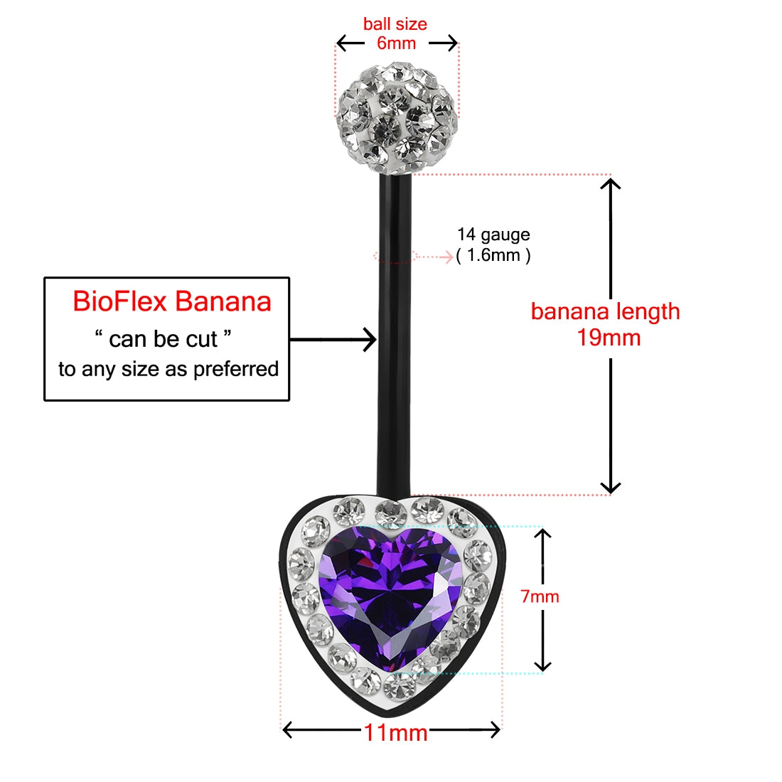 Multi Crystals jeweled Purple Heart center Black BioFlex with Crystal Ferido Ball Top pregnancy Belly Ring