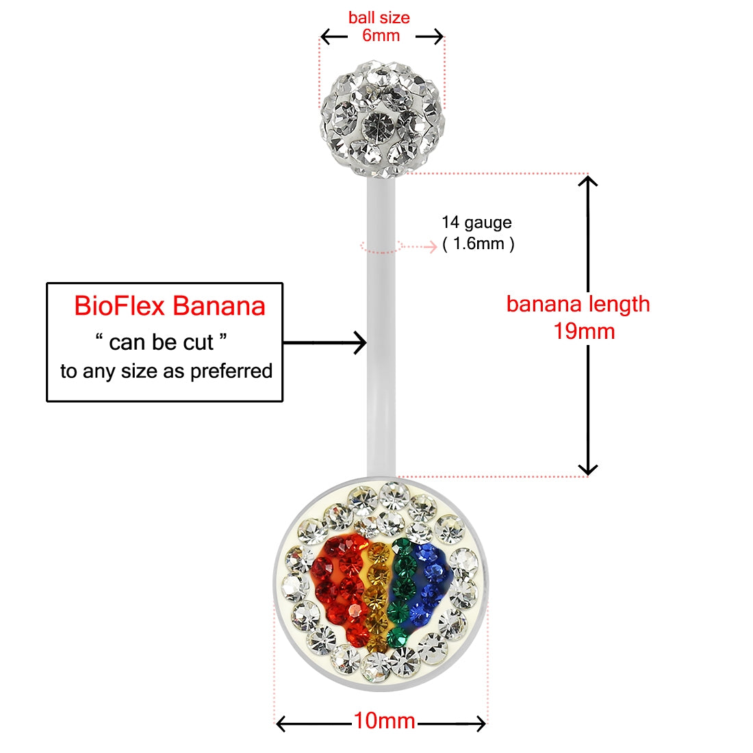 Multi Crystals jeweled Colorful Heart Transparent BioFlex with Crystal Ferido Ball Top pregnancy Belly Ring