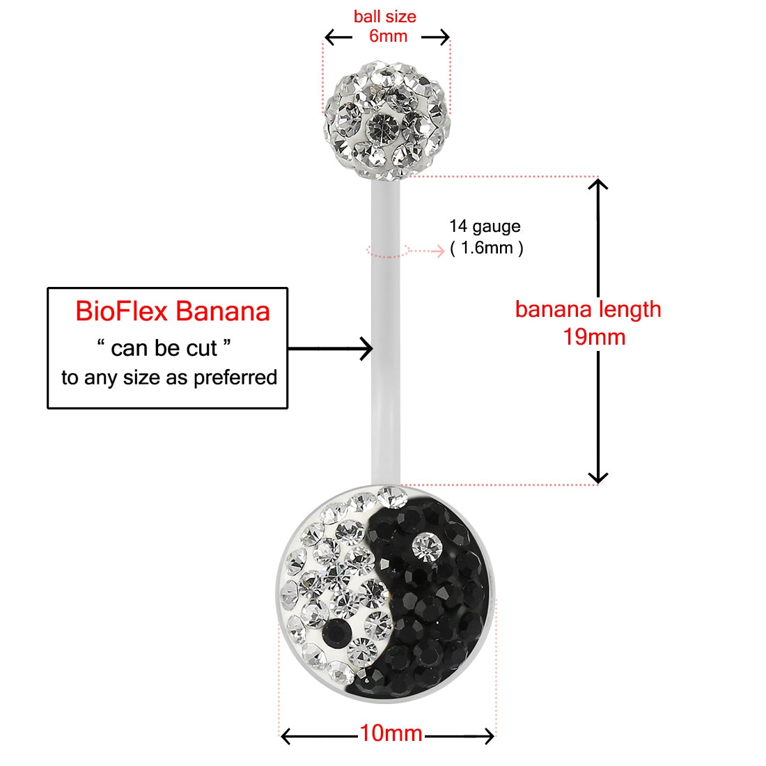Multi Crystals jeweled yin yang Transparent BioFlex with Crystal Ferido Ball Top pregnancy Belly Ring