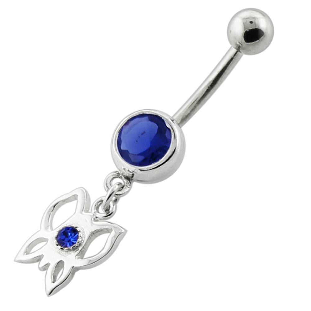 Fancy Jeweled Butterfly Dangling Silver Navel Bar