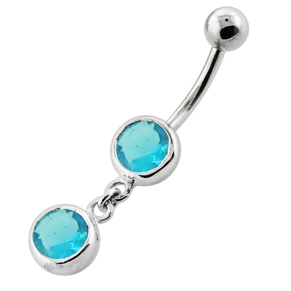 Bezel Setting Round Gem Dangling Silver Navel Bar