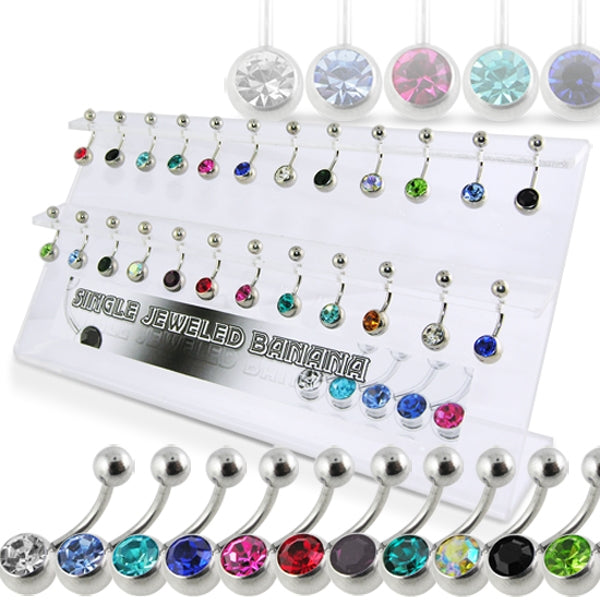 SS Single Jeweled Blley Rings in a Display