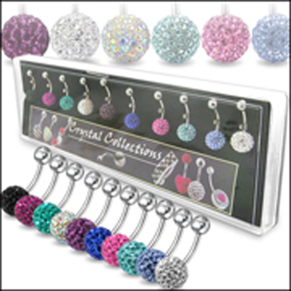 Multi Crystal Stone Balls With Banana Bar Belly Rings in Display