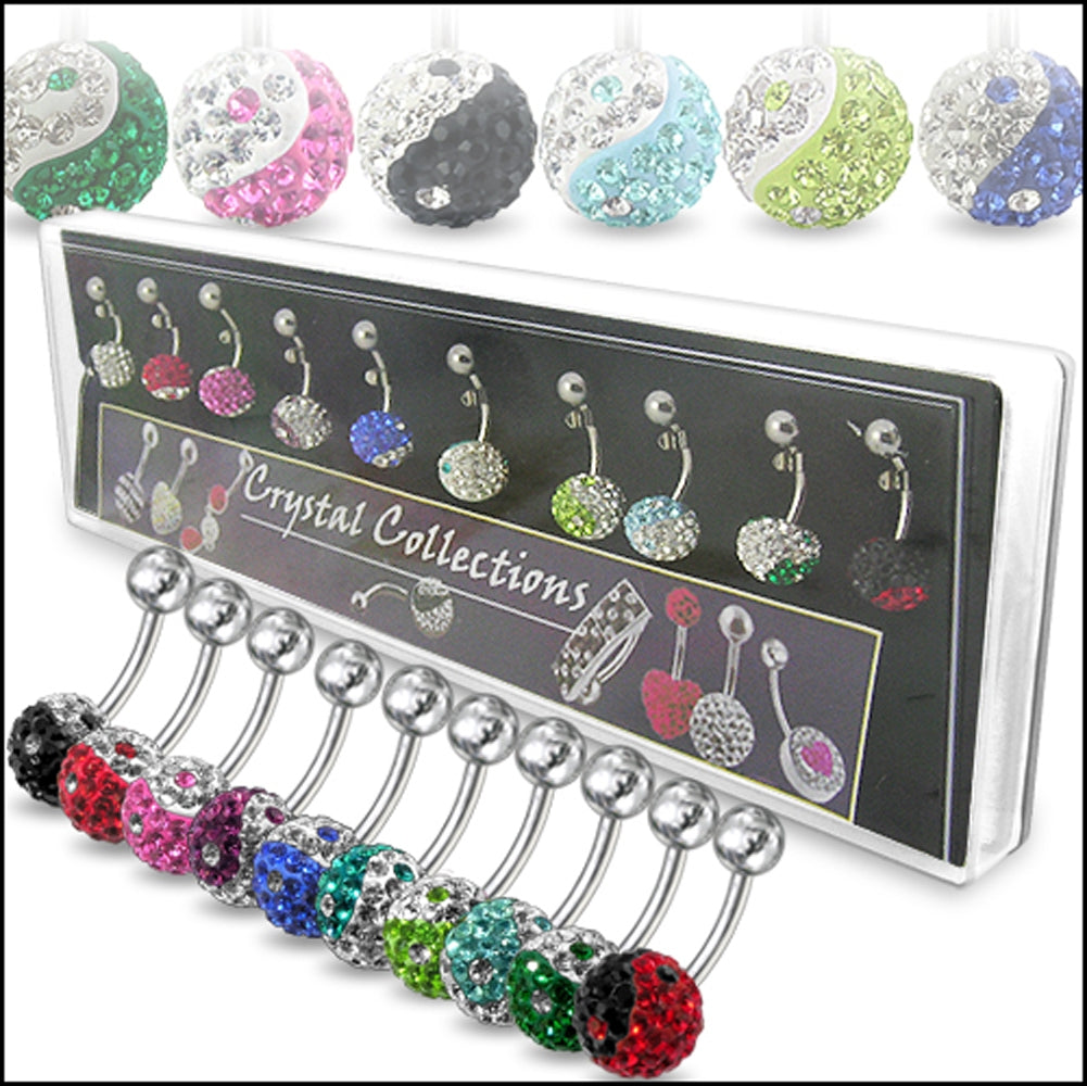 Crystal Stone Ying Yang Belly Rings in Display