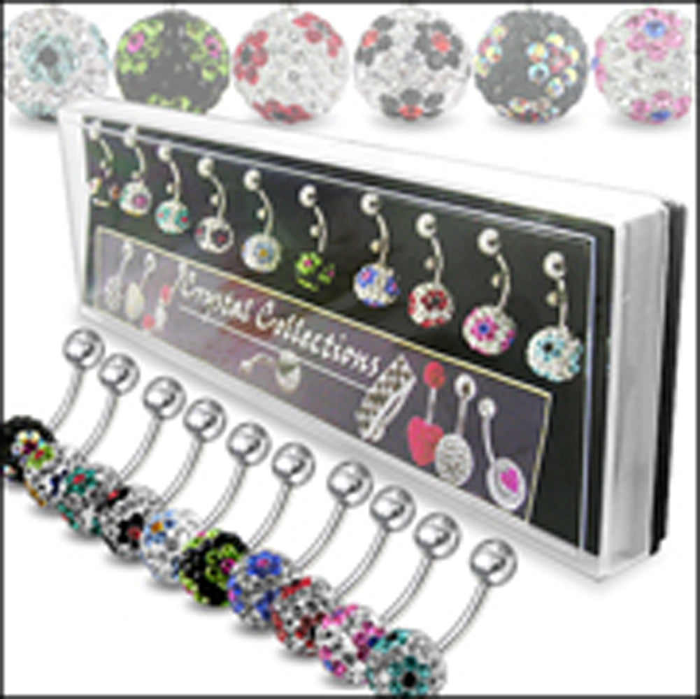 Crystal Stone Flower Belly Rings in Display