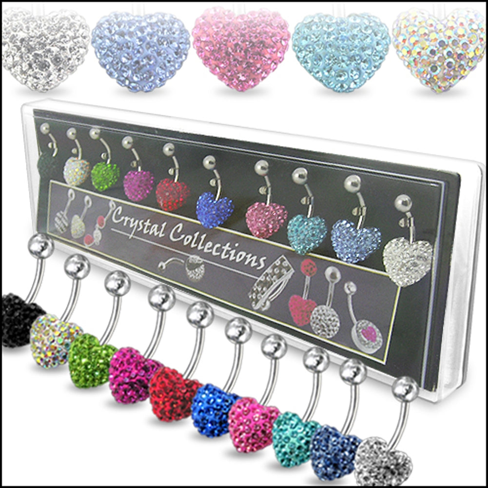 fancy 12mm Crystal Stone Heart Belly Rings in Display
