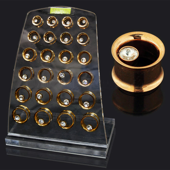Rose Gold Platted Bezel Set Single Stone Ear Flesh Tunnel in Tray