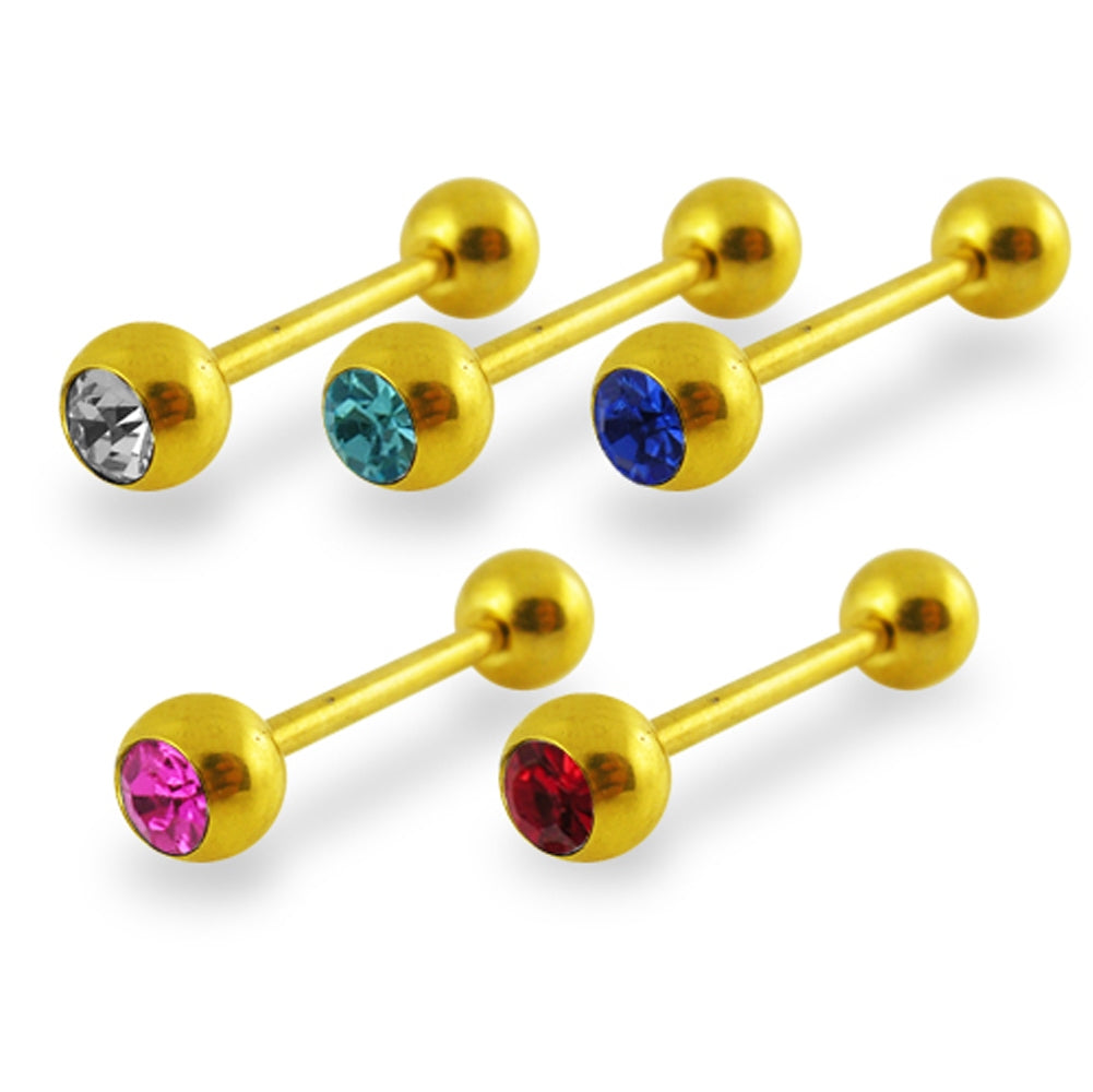 Gold Anodized Jeweled Barbell in a Display