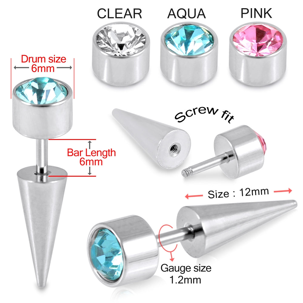 316L Surgical Steel Spike Drum Jeweled Fake Ear Plug Clear