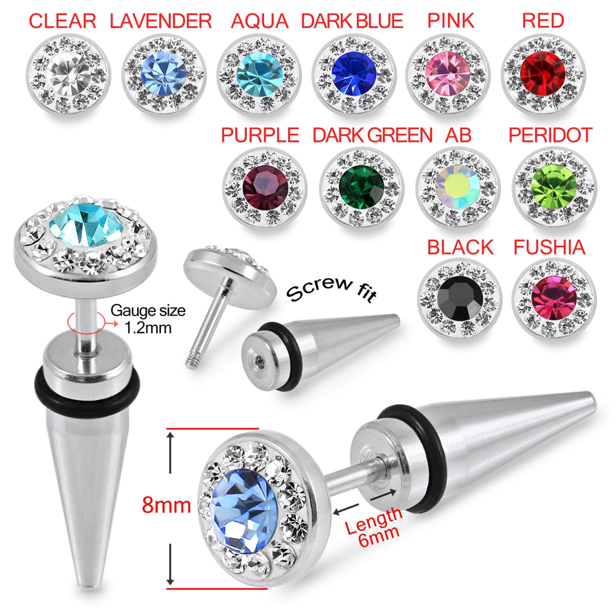 316L Surgical Steel Spike Disc Jeweled Fake Ear Plug Pink