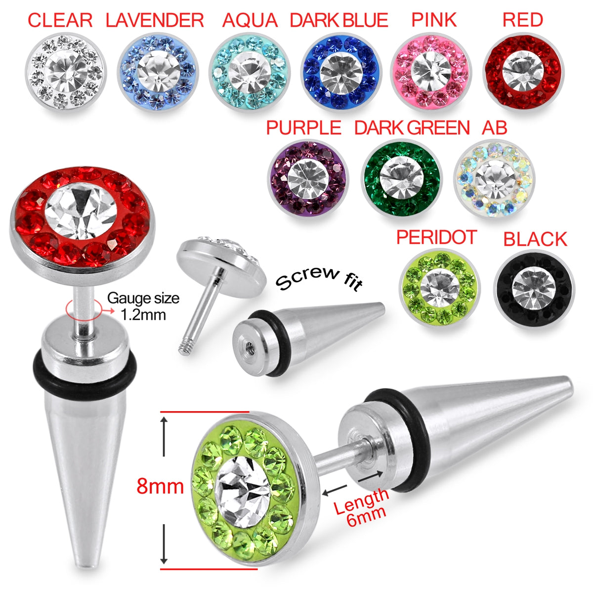 316L Surgical Steel Spike Disc Jeweled Fake Ear Plug Black