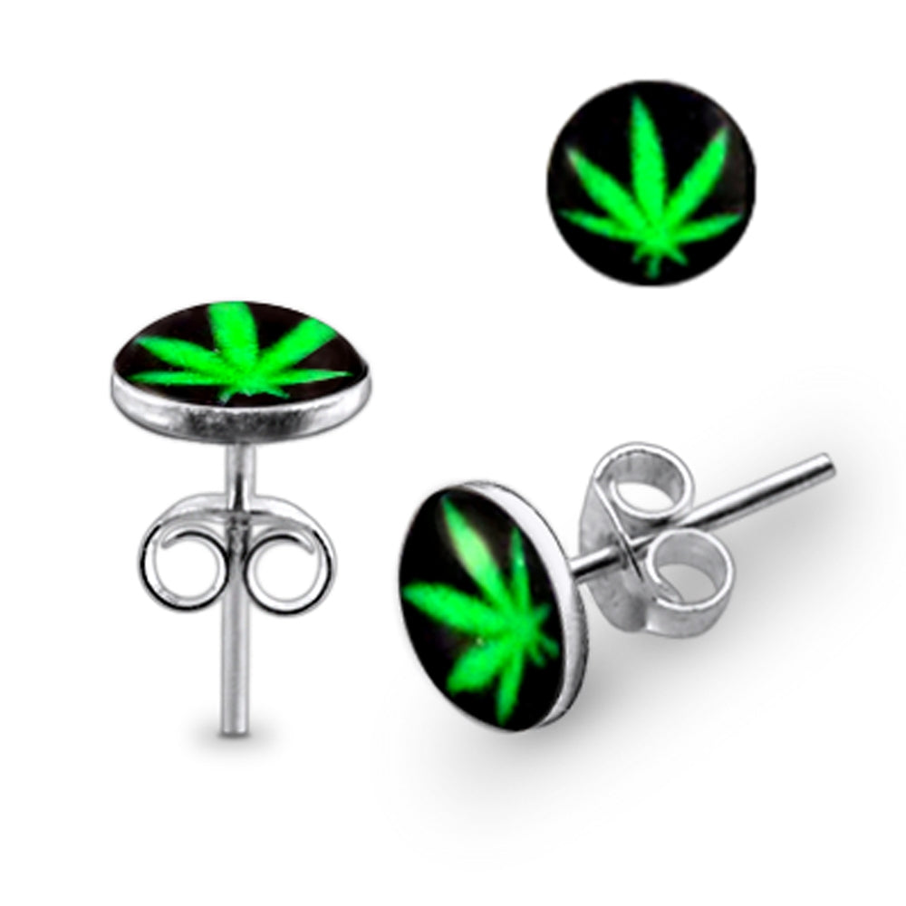 Green Marijuana Logo Silver Ear Stud