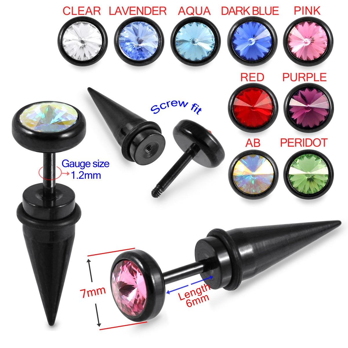 316L Surgical Steel Black Anodized Spike Jeweled Fake Ear Plug Dark Blue