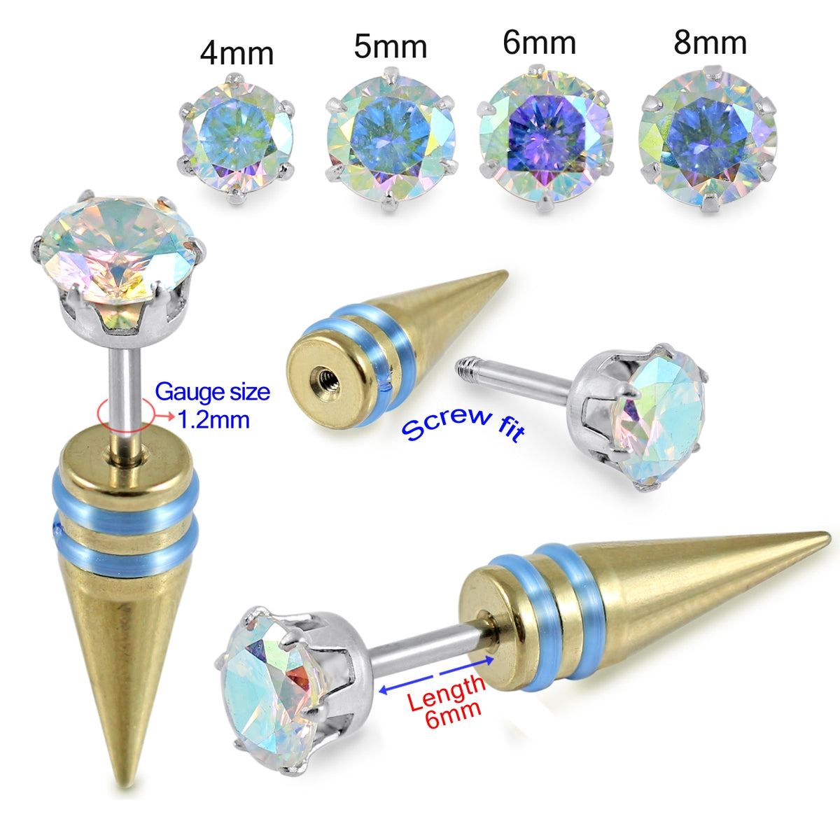 316L Surgical Steel Anodized Spike AB Stone Jeweled Fake Ear Plug