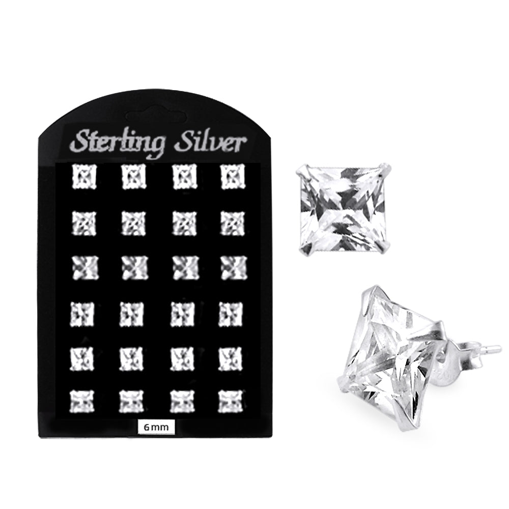 6MM CZ Square Ear Stud in 12 pair Tray