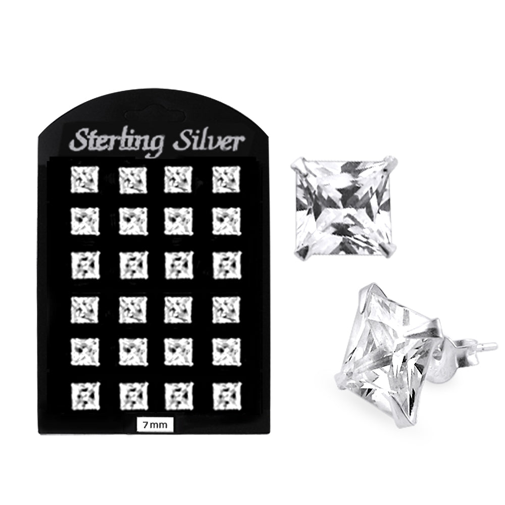 7MM CZ Square Ear Stud in 12 pair Tray