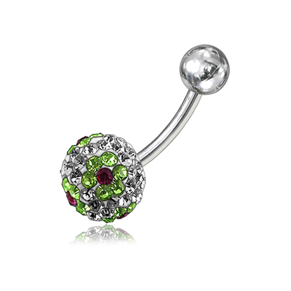Green Crystal Stone Flower With SS Bar Banana Navel Ring FDBLY062