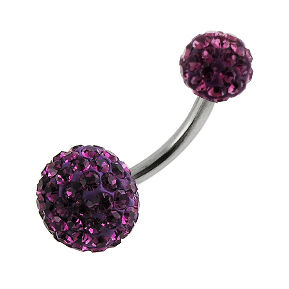 Purple Crystal Stone Balls With Surgical Steel Banana Bar Belly Ring