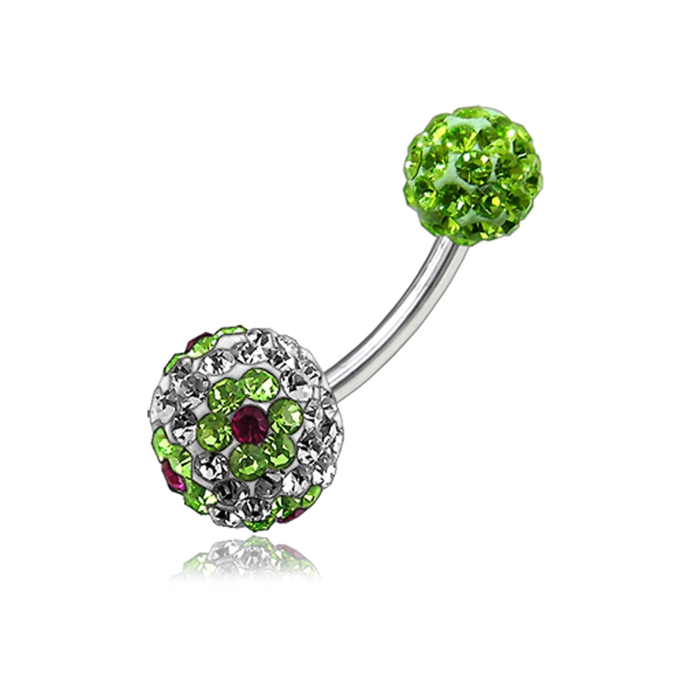 Green Flower Crystal Stone Ball With Steel Bar Body Jewelry Belly Ring
