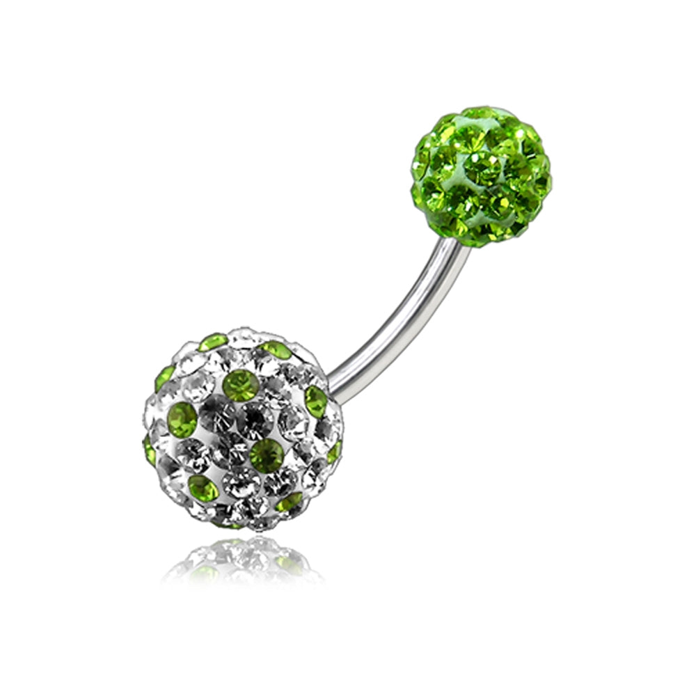 White And Green Crystal Stone Studded Balls With SS Bar Banana Navel Ring