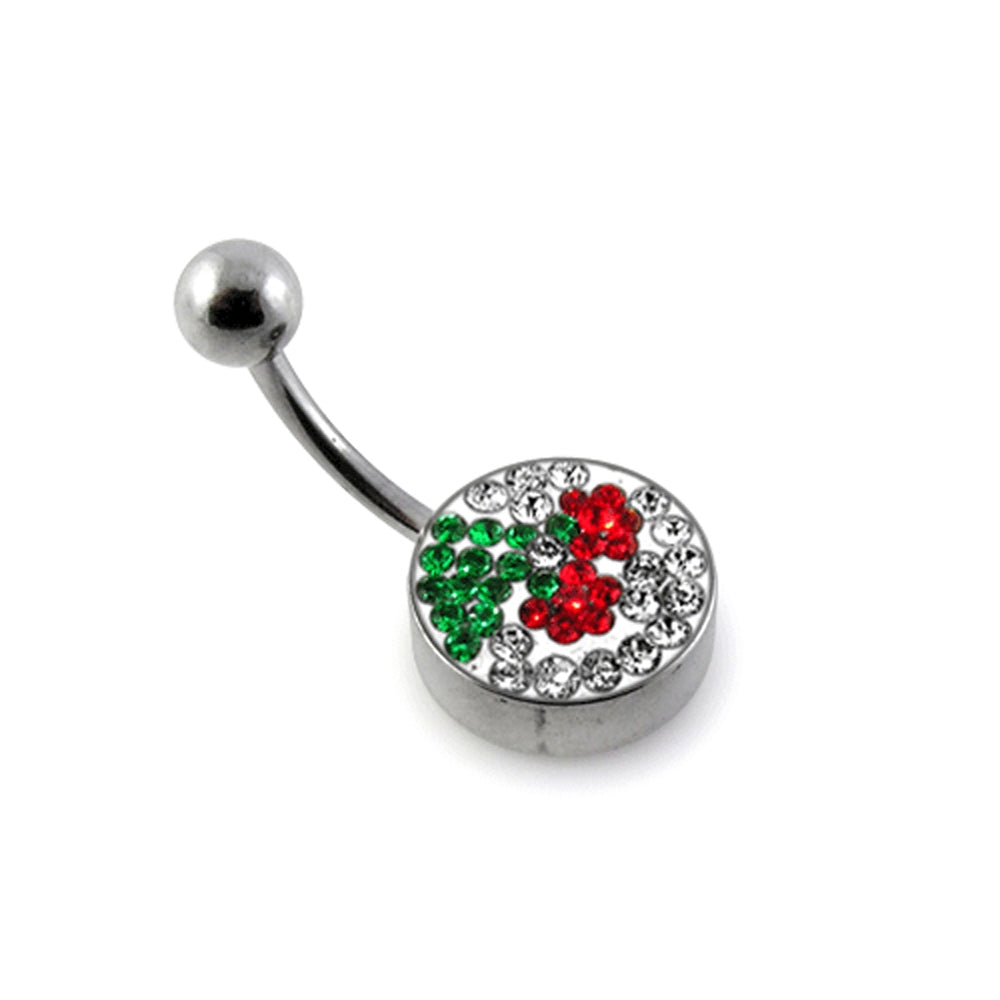 Red Cherry With Leaf Crystal Studded Design With SS Bar Belly Ring