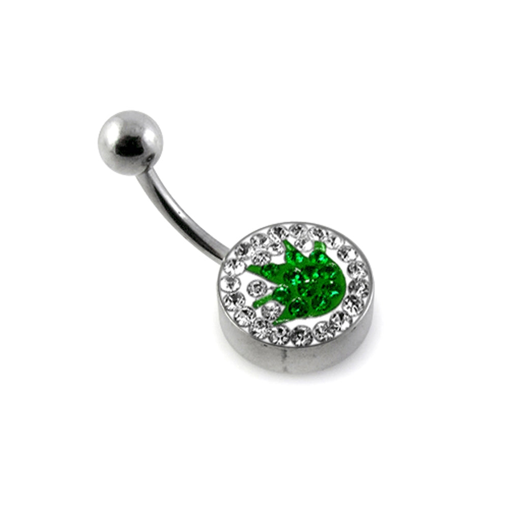 Green Crystal Merijuana logo With Steel Bar Banana Belly Ring
