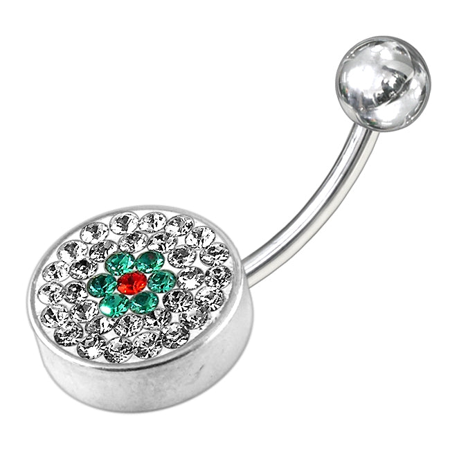 925 Sterling Silver Fancy Logo Jeweled Belly Ring With Steel Base