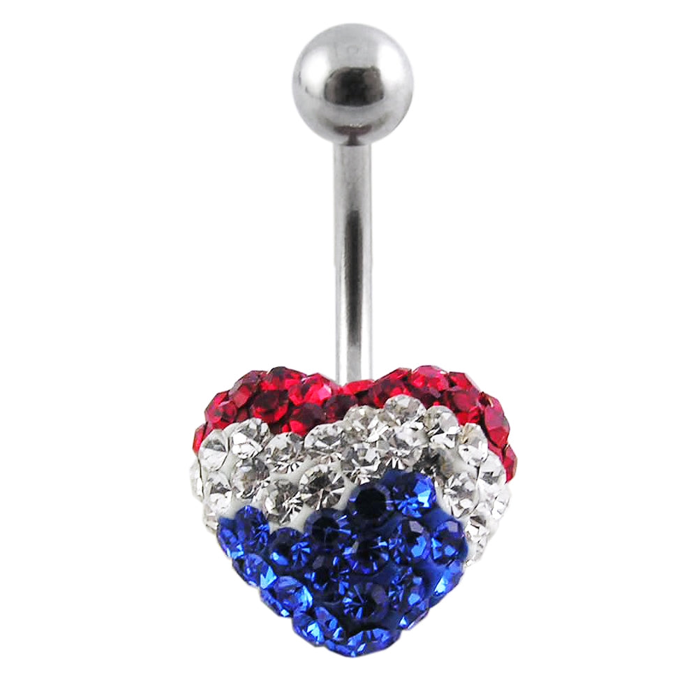 Fancy Mix Color Crystal Stone Heart With 316L Surgical Steel Curved Belly Ring