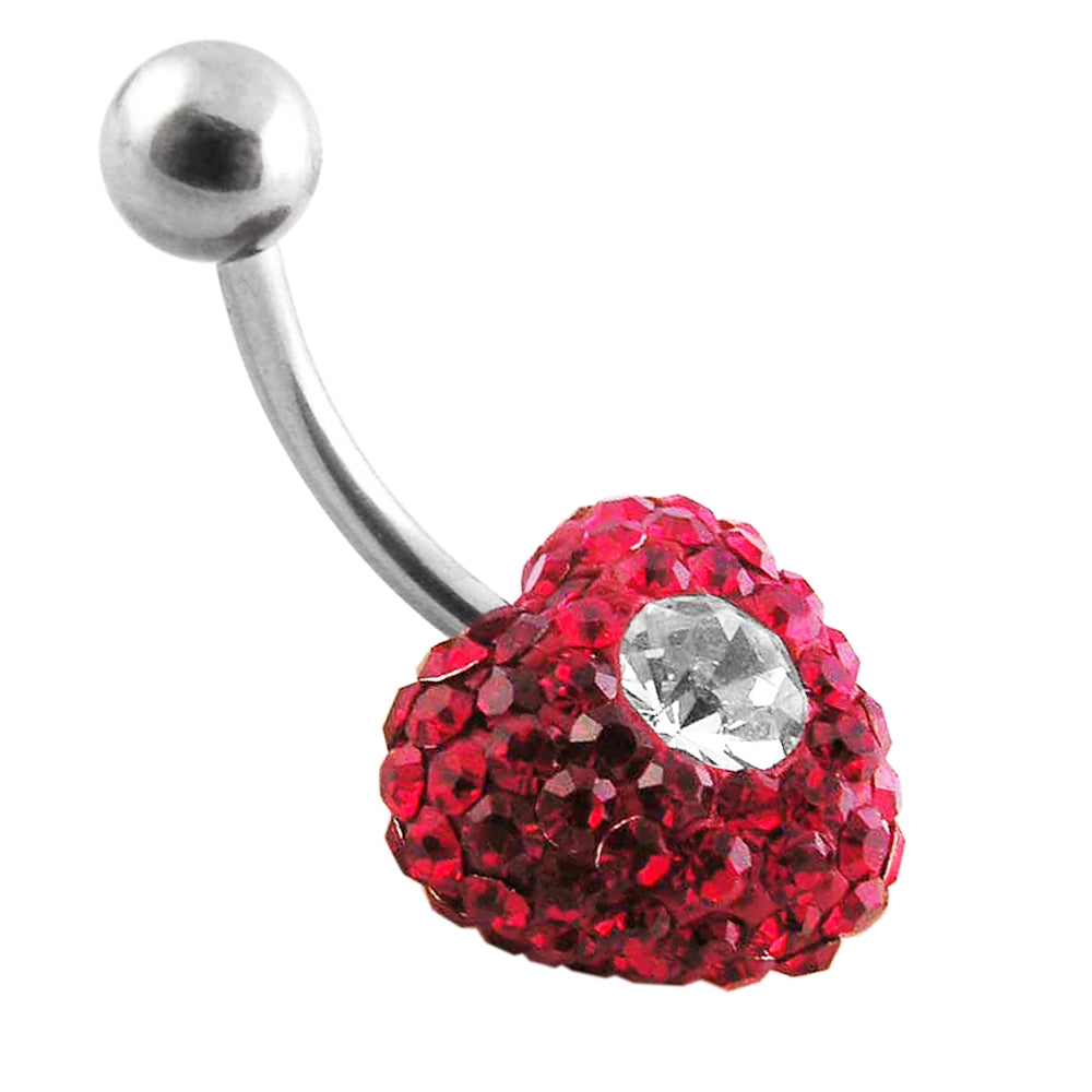 Red Crystal stone With White Dotted Heart SS Banana Bar Belly Button Ring