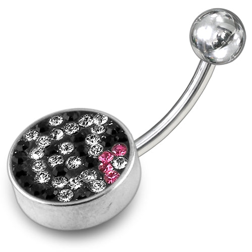 Black And White Crystal stone Jeweled With SS Curved Navel Ring Steel Base