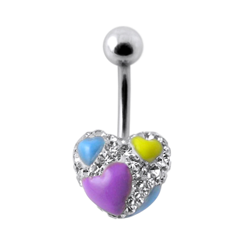 Multi Crystal Stone Heart Studded Navel Ring With SS Curved Bar FDBLY409