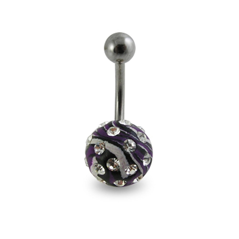 Black And White Hand Painted Crystal Ball SS Curved Navel Ring