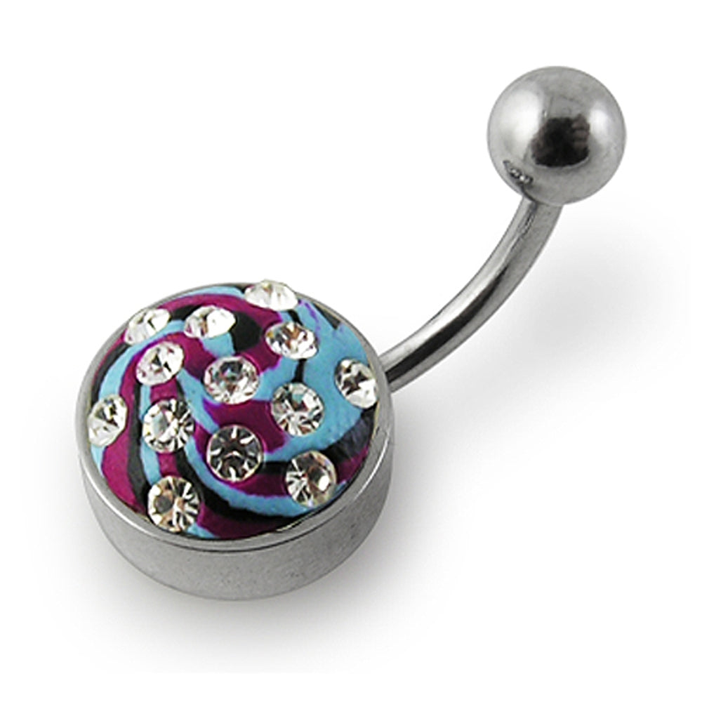 316 Surgical Steel Multi Color painted Crystal Curved Bar Navel Ring with Steel Base